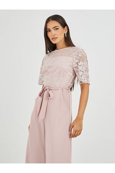 Styli Lace Insert Waist Tie-Up Wide Leg Jumpsuit
