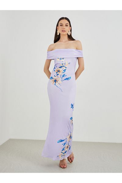 Styli Floral Print Sleeveless Off Shoulder Maxi Dress