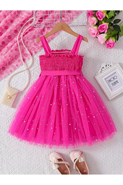 Take Two By Styli Girls Neon Pink Embellished Smocking Detail A-Line Dress