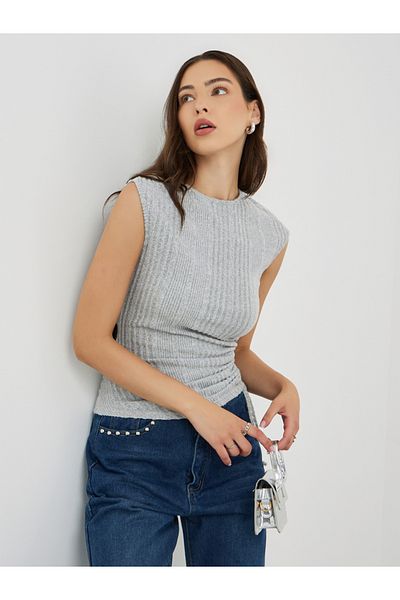 Styli Grey Knitted Sleeveless Top with Ruched Detail