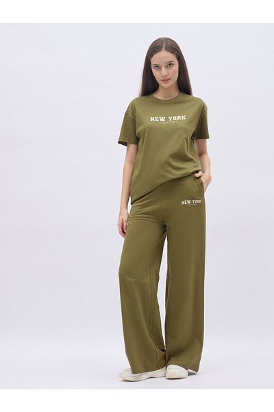 Styli Khaki Slogan Print Boxy T-Shirt and Wide Leg Joggers Co-Ords