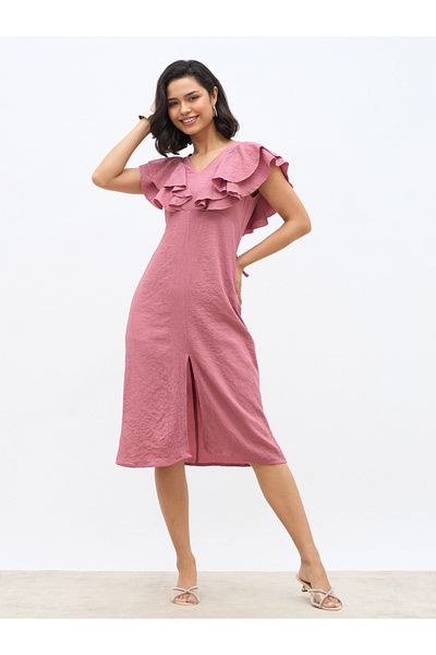 Styli Solid Ruffled Detail V-Neck A-Line Midi Dress