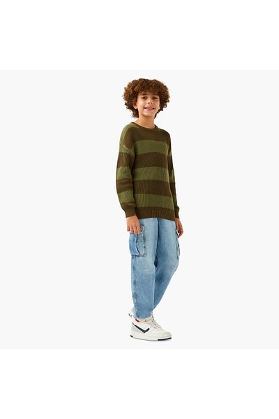 Juniors Striped Crew Neck Pullover with Long Sleeves