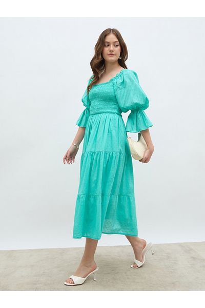 Styli Smocked Detail Square Neck A-Line Midi Dress