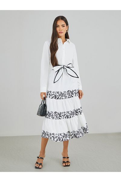 Styli Printed Long Sleeves Tiered Midi Dress with Belt