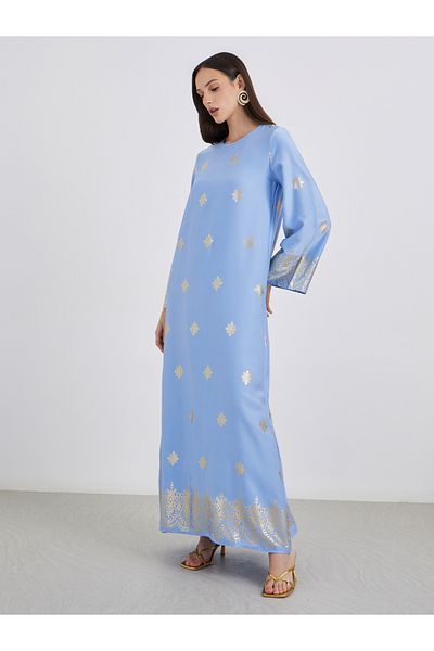 Styli Women Blue Foil Print Round Neck Jalabiya