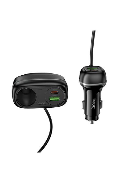 REDz Accessories Încărcător auto cu cablu prelungitor 0.75M, Hoco Z59A, 2 x USB + 2 x Tip-C, priză brichetă, 240W, negru