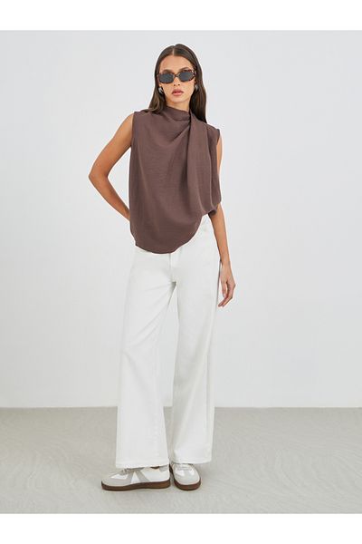 Styli Solid Asymmetric Neck Sleeveless Top