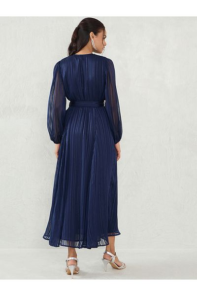 Femmella By Styli Navy Blue Lurex Wrap Look A-Line Maxi Dress with Tie Detail