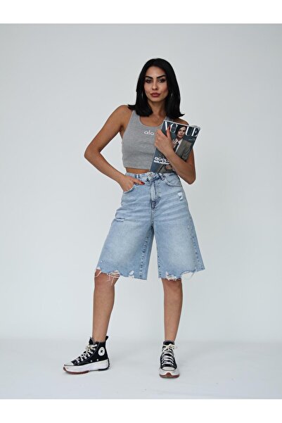 Zeo Basic KADIN UZUN BERMUDA KOT ŞORT YIRTIK DETAYLI MİDİ BOY AÇIK MAVİ KAR