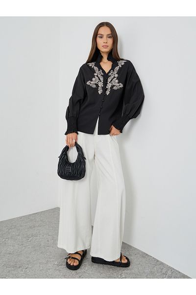 Styli Floral Embroidery Buttoned Oversized Shirt
