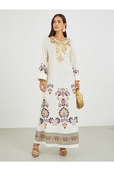 Styli Placement Print Lace Detail Jalabiya
