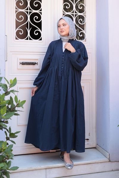 LOCCO Women's Front Gathered Dress Navy Blue