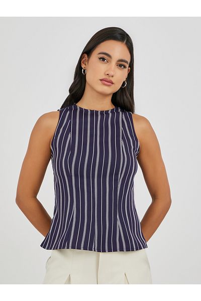 Styli Striped Sleeveless Round Neck Peplum Top