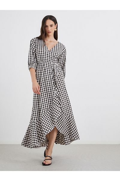 Styli Gingham Check Print Frilled Hem Maxi Dress