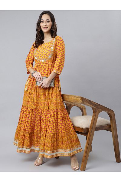 Janasya by Styli Embellished Cotton Floral Print Flared Kurta