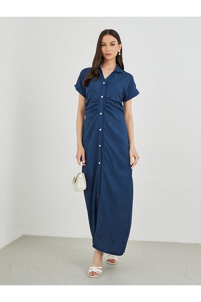 Styli Solid Collared Buttoned Shirt Maxi Dress