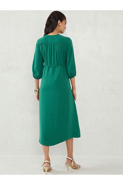 Femmella By Styli Green Solid Drawstring Waist A-Line Midi Dress