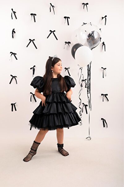 Asel Kids KIZ ÇOCUK SİYAH DOĞUM GÜNÜ KUYRUKLU PARTİ ELBİSESİ