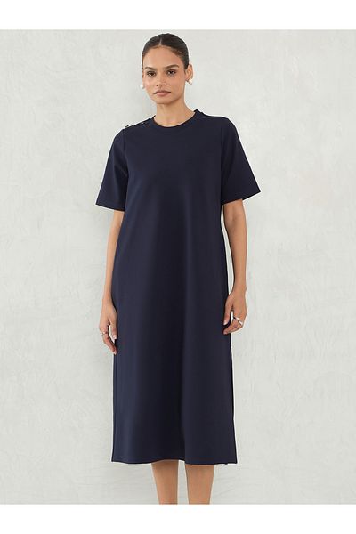 Femmella By Styli Navy Blue Solid Knit Shift Midi Dress with Slit Detail