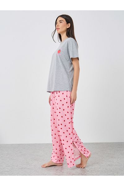 Styli Women Strawberry Print Dropped Shoulder T-Shirt and Side Slit Pyjama Set
