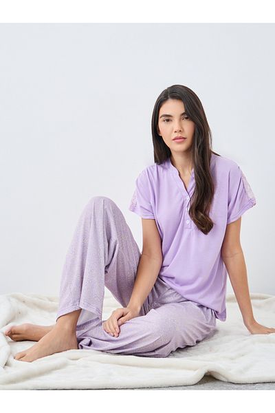 Styli Notch Neck Placket Lace Back T-Shirt and Leopard Pyjama Set