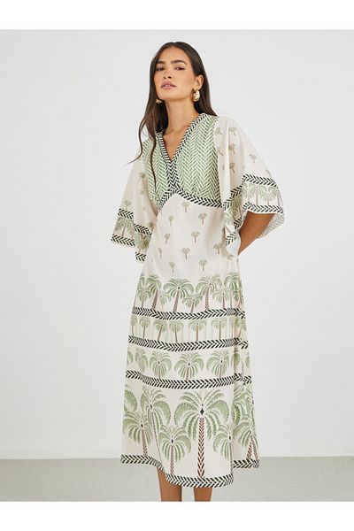 Styli Printed Batwing Sleeves A-Line Midi Dress
