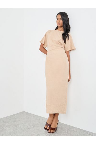 Styli Solid Short Sleeve Side Gathered Midi Dress