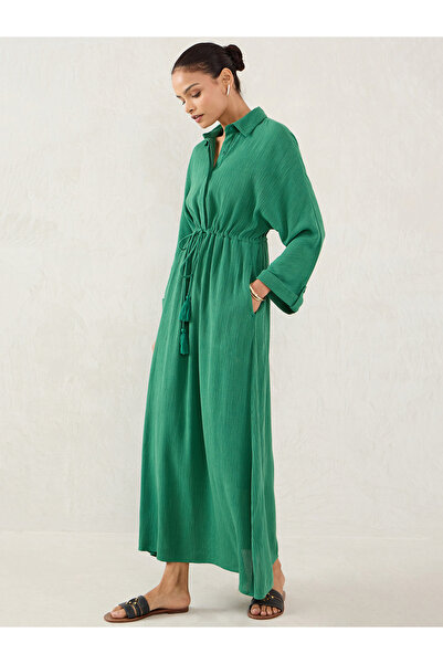 Femmella By Styli Green Crinkled Collared A-Line Maxi Dress with Drawstring Waist