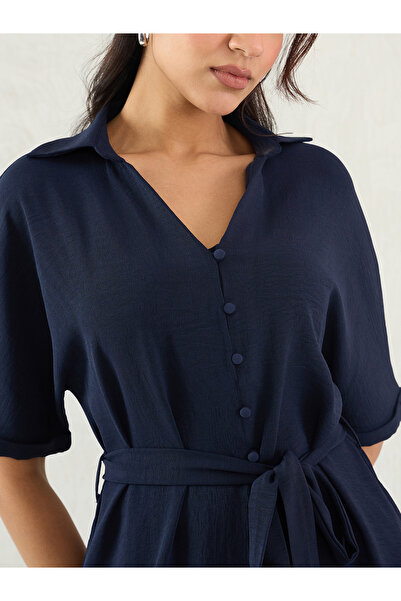 Femmella By Styli Navy Blue Crinkled Button Down Shirt Knee Length Dress