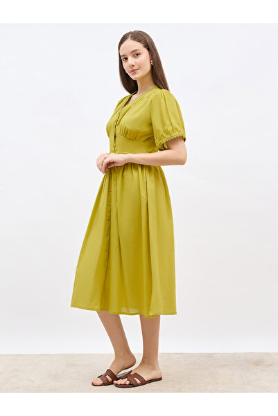 Styli Solid Puff Sleeves A-Line Midi Dress with Lace Trim