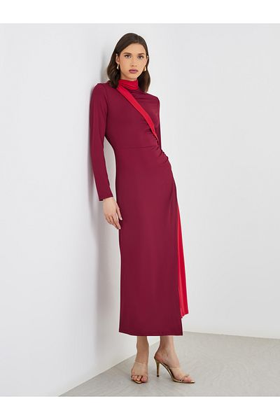 Styli Color Block Long Sleeve A-Line Midi Dress with Ruched Detail