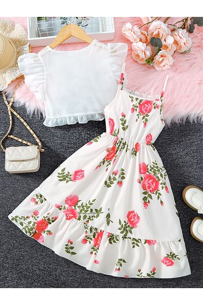 Take Two By Styli Floral Print Ruffle Hem Cami Dress and Ruffled Bolero Set