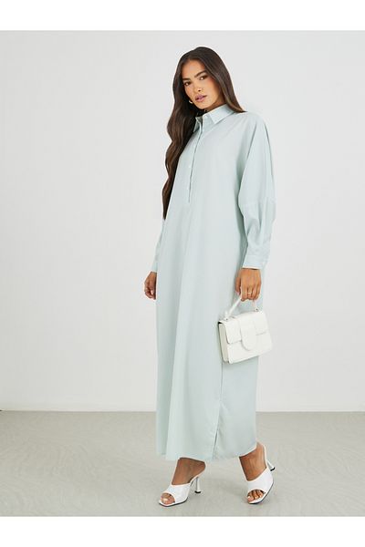 Styli Striped Spread Collar Long Sleeve Maxi Dress