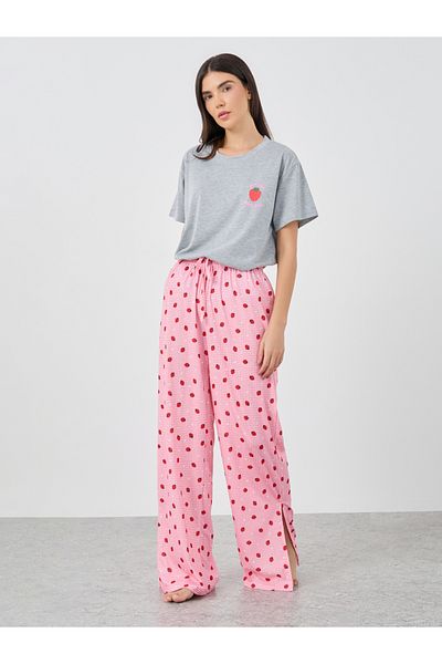 Styli Women Strawberry Print Dropped Shoulder T-Shirt and Side Slit Pyjama Set