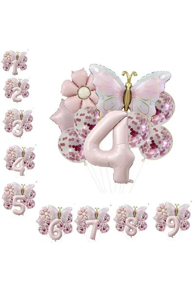 parti sürprizi Gold Butterfly Daisy 4 Year Old Foil Balloon Set