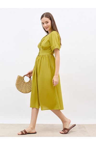 Styli Solid Puff Sleeves A-Line Midi Dress with Lace Trim