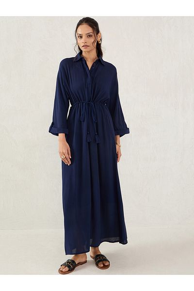 Femmella By Styli Blue Crinkled Collared A-Line Maxi Dress with Drawstring Waist