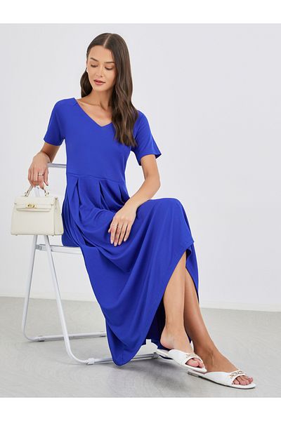 Styli Women Blue Plain V Neck A-Line Midi Dress with High Low Hem