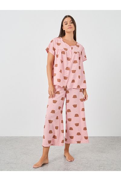 Styli Women Pink All-Over Teddy Print Button Front Shirt and Pyjama Set
