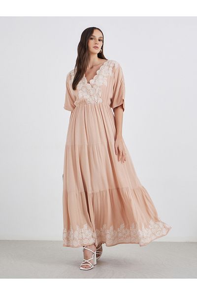 Styli Embroidered V Neck Tiered Maxi Dress
