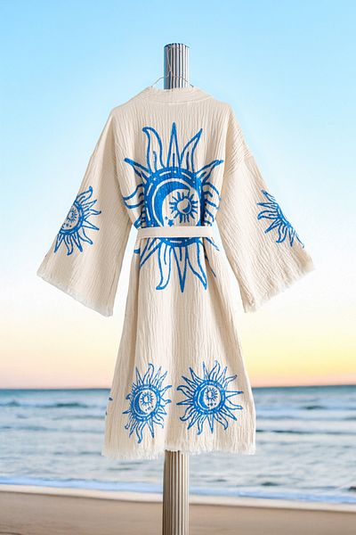 VAROL Organic 100% Cotton Kimono Collar Sabali Bathrobe Beach Dress - Heliona V2 - L/Xl