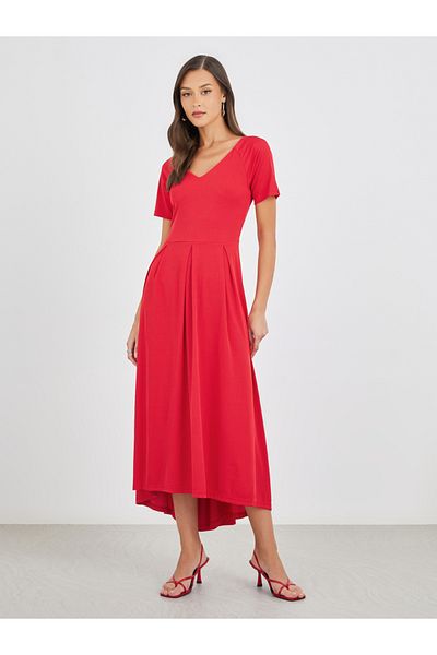 Styli Women Red Plain V Neck A-Line Midi Dress with High Low Hem