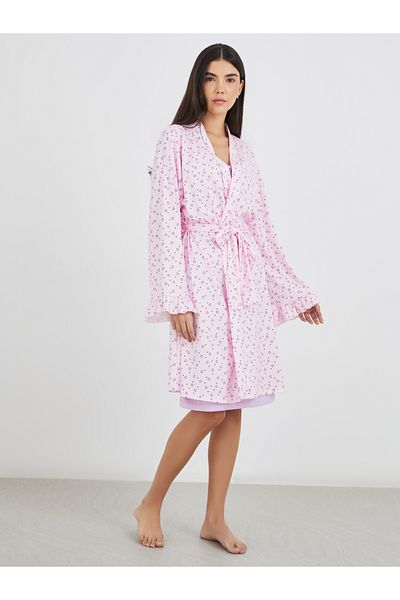 Styli Ribbed Texture Heart Print Ruffle Sleeve Robe