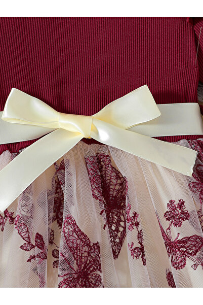 Take Two By Styli Round Neck Bow Detail Ruffle Hem Mesh Knee Length Dress