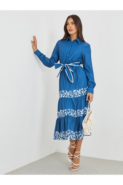 Styli Printed Long Sleeves Tiered Midi Dress with Belt