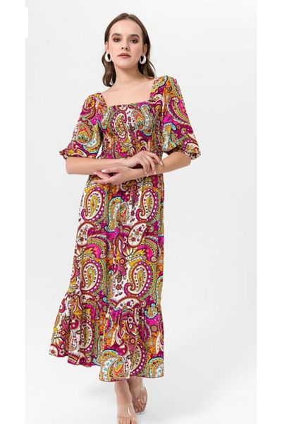 MODA Gipeli Size Part Elasticated, Pool Neckline Printed Sleeves Balloon and Elasticated Long Dress