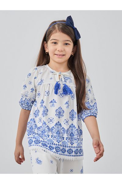 Styli Girls Printed Tie-Up neck Top and Culottes Set