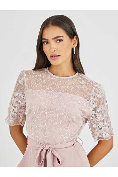 Styli Lace Insert Waist Tie-Up Wide Leg Jumpsuit