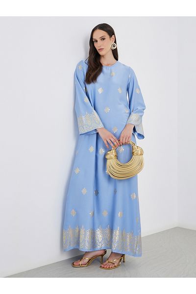 Styli Women Blue Foil Print Round Neck Jalabiya